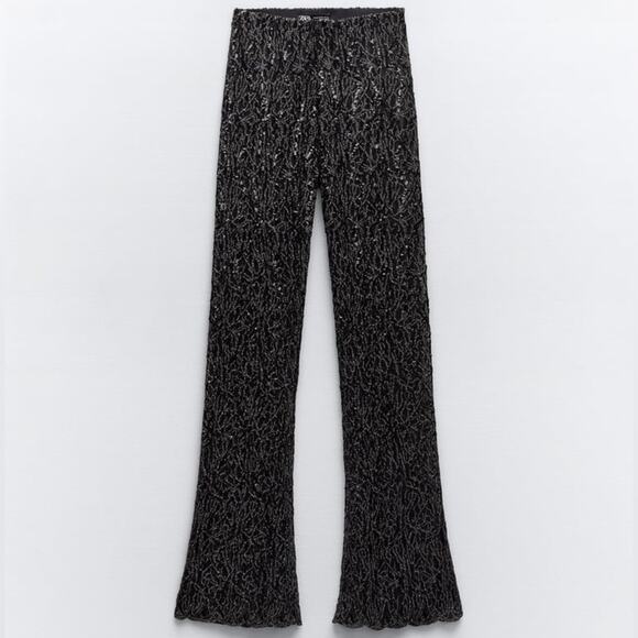 ZARA FLARED SEMI-SHEER SEQUIN LEGGINGS - Picture 1 of 6